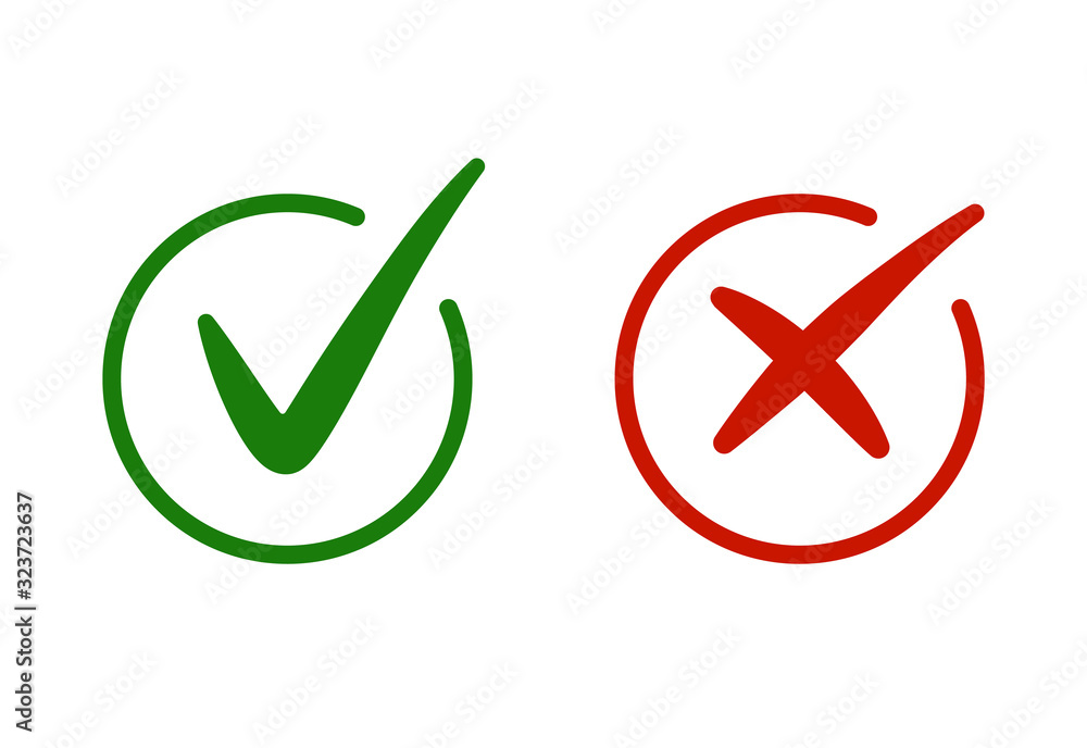 Vecteur Stock Correct, incorrect sign. Right and wrong mark icon set. Green  tick and red cross flat simbol. Check ok, YES, no, X marks for vote,  decision, web. True, false checkbox. Verify