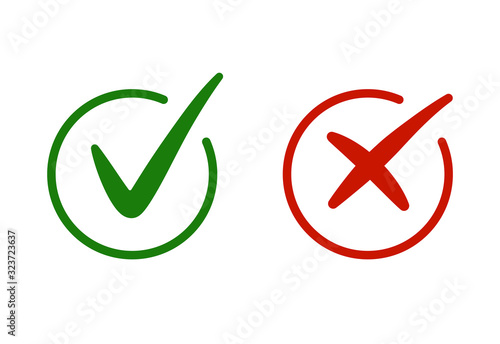 Correct, incorrect sign. Right and wrong mark icon set. Green tick and red cross flat simbol. Check ok, YES, no, X marks for vote, decision, web. True, false checkbox. Verify sign. vector photo