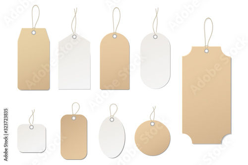 Vector price tag. Blank paper label. Template empty tag for price of buy in shop, hang sale, gift. Luggage tag with cord. Texture ticket. White labels with string. Set of sticker. Isolated vector