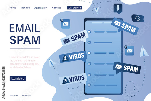 Spam landing page template. Modern mobile phone with mail application. Mailing advertising, phishing