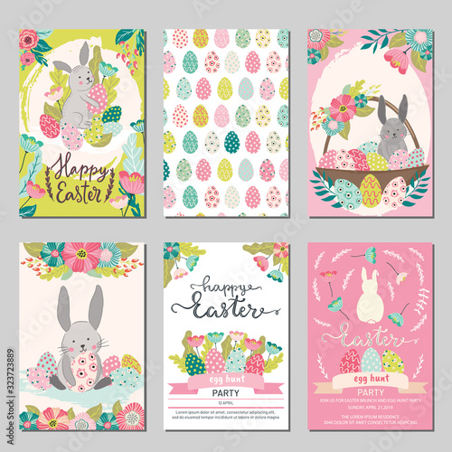 Set of Easter typography greeting cards, banner, poster templates in hand drawn scandinavian style. Vector cute animal illustration, easter bunny rabbits, easter eggs, flowers, basket and florals