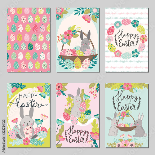 Set of Easter typography greeting cards, banner, poster templates in hand drawn scandinavian style. Vector cute animal illustration, easter bunny rabbits, easter eggs, flowers, basket and florals