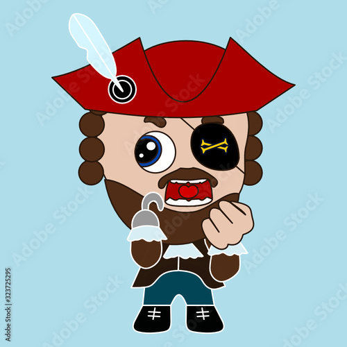 emoticon with pirate captain with a prosthetic hook in place of missing arm wearing an eyepatch and a wig, buccaneer in a cocked hat with feather, corsair with beard and mustache, primitive vector emo