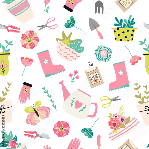 Seamless pattern with spring flowers, garden tools for fabric, wallpaper, scrapbboking, textile, baby and children products. Vector cute hand drawn print illustration with animals  and flowers