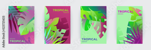 Tropical themed creative covers set.  Colorful compositions of palm leaves and halftone patterns. Geometric design templates with place for text. Flat style vector illustration
