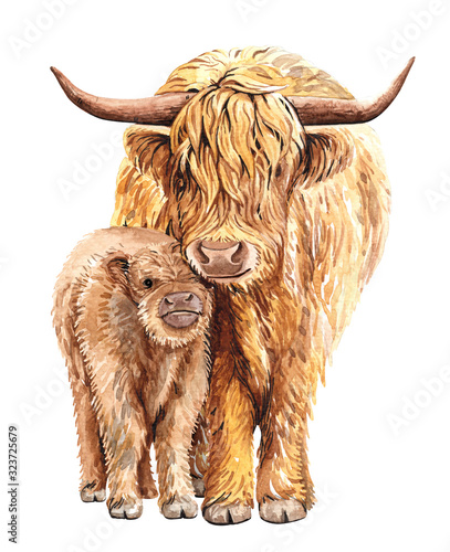 Принти на полотні Watercolor Mom and Baby Yak for Baby Shower, Print on Demand, Rose bouquet, Yak digital file clipping path isolated on white background