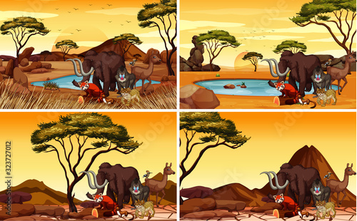 Four savanna scenes with many animals