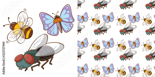 Seamless background design with butterfly and bee