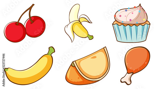 Set of fruits and sweets on white background