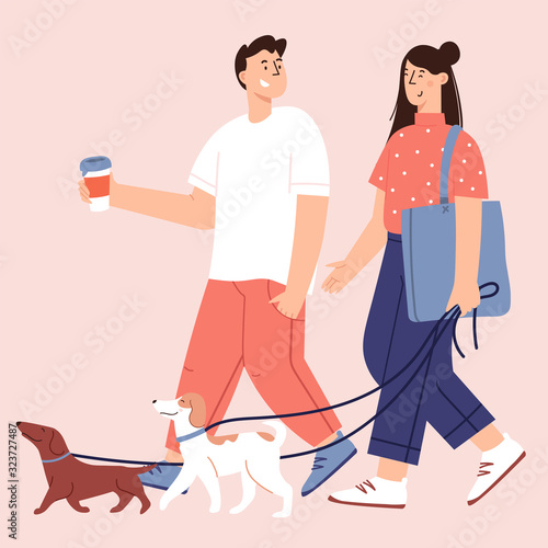 Flat Cartoon Vector Illustration about Human and dogs friendship 