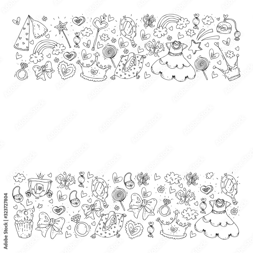 Princess birthday party for little girls. Kindergarten, school children picture. Illustration for children with castle, fairy, dress, crown. Princess birthday party for little girls. Kindergarten, school children picture. Illustration for children with castle, fairy, dress, crown.
