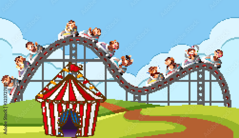 Scene with monkey riding roller coaster in the park Scene with monkey riding roller coaster in the park