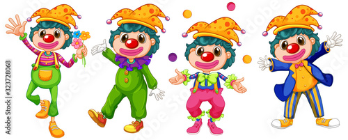 Four funny clowns on white background