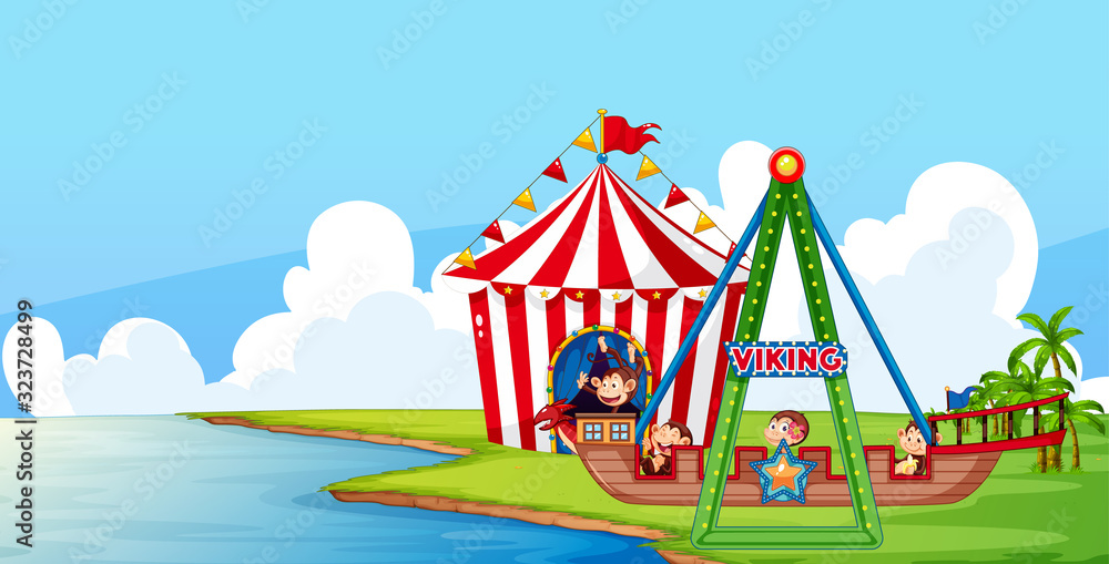 Scene with monkeys on circus ride in the park Scene with monkeys on circus ride in the park