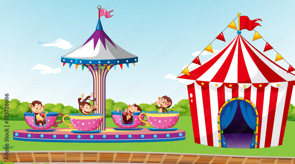 Scene with cute monkeys riding on spinning cup in the park