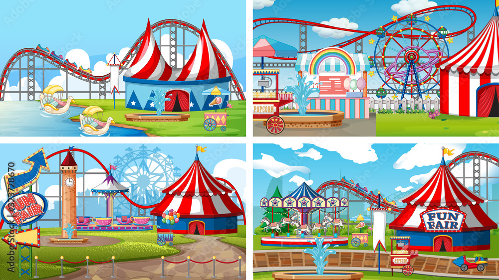 Four scenes with many rides in the fun fair Four scenes with many rides in the fun fair