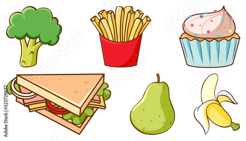 Set of fresh food and sweets on white background