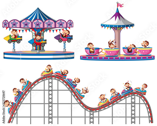 Set of monkeys riding on circus rides on white background