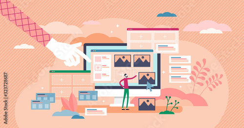 Website builder app concept, flat tiny person vector illustration