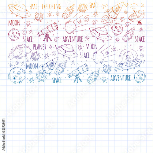 Space vector illustration. Science, technology pattern. Rocket and spaceships.