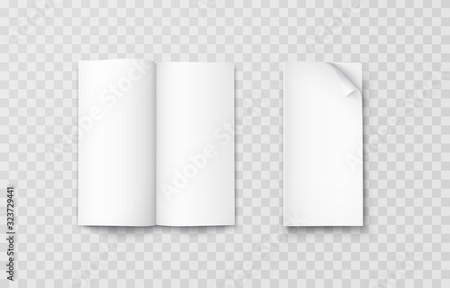 Open book mock up set isolated on transparent background. Realistic blank vertical booklet, catalog template, magazine, brochure or notebook mockup..