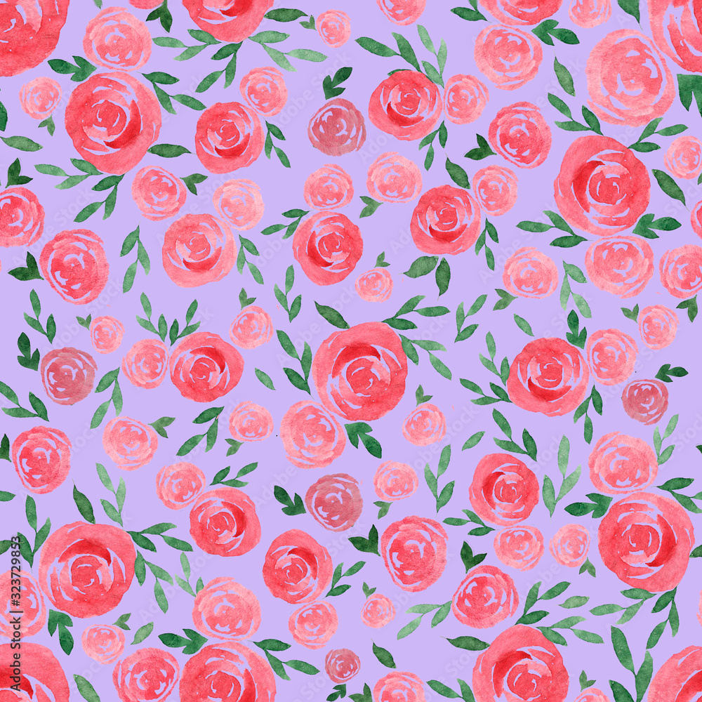 Watercolor seamless pattern of roses. Design for wallpaper, fabric, textile, wedding design, packaging, postcards, website. Botanical hand made illustration.