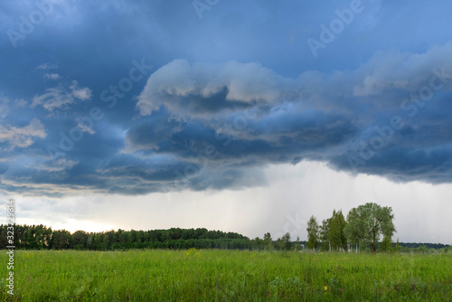 Rural landscape green field with dramatic sky. Grey dark sky before thunderstorm in summer. © Ekaterina Loginova