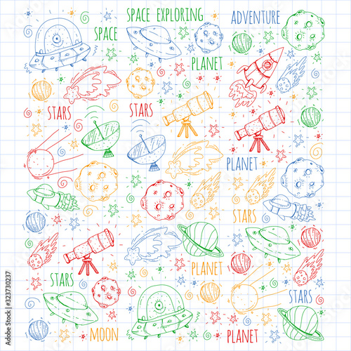 Space vector illustration. Science, technology pattern. Rocket and spaceships.