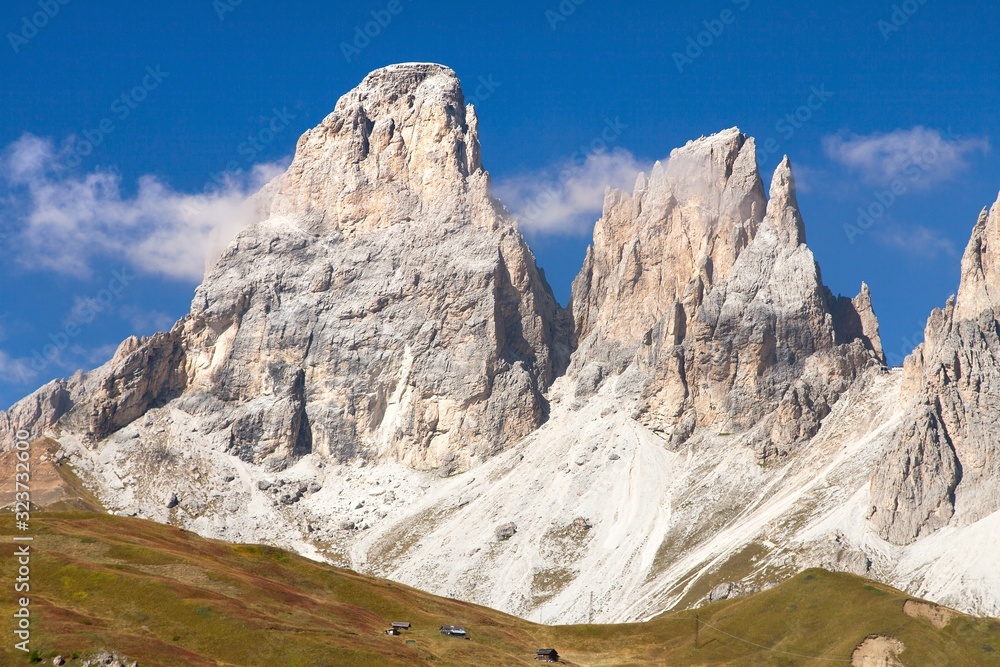 Sella Joch pass and mounts Langkofel, Plattkofel,