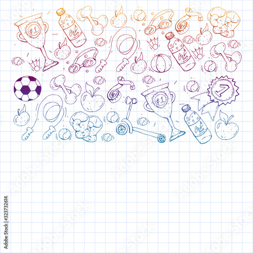 Vector pattern with sport elements. Fitness, games, exercises. Doodle icons in kids drawing style