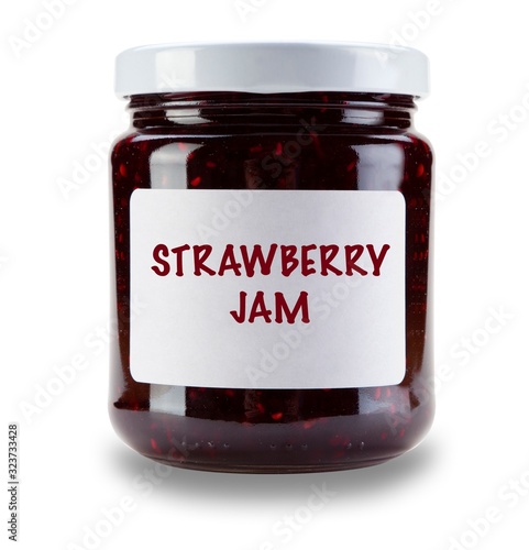 SIngle jar of strawberry jam, with white label saying strawberry jam, isolated on a white background