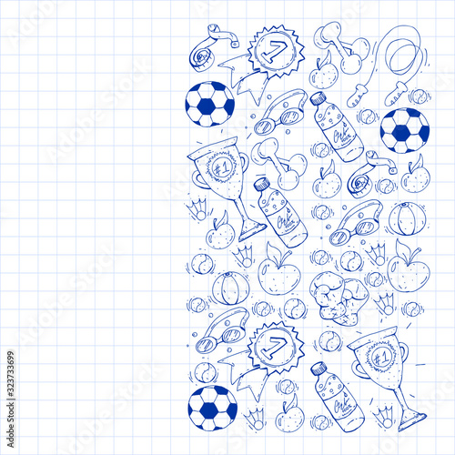 Vector pattern with sport elements. Fitness, games, exercises. Doodle icons in kids drawing style