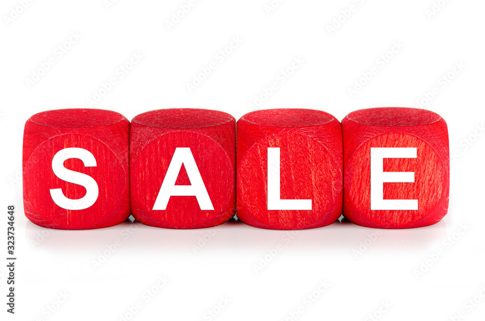 term sale- built from red wooden cubes on white background, isolated term sale- built from red wooden cubes on white background, isolated