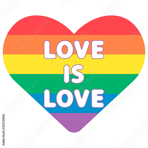 Rainbow heart flat style. Love is love romantic quote. Isolated vector icon