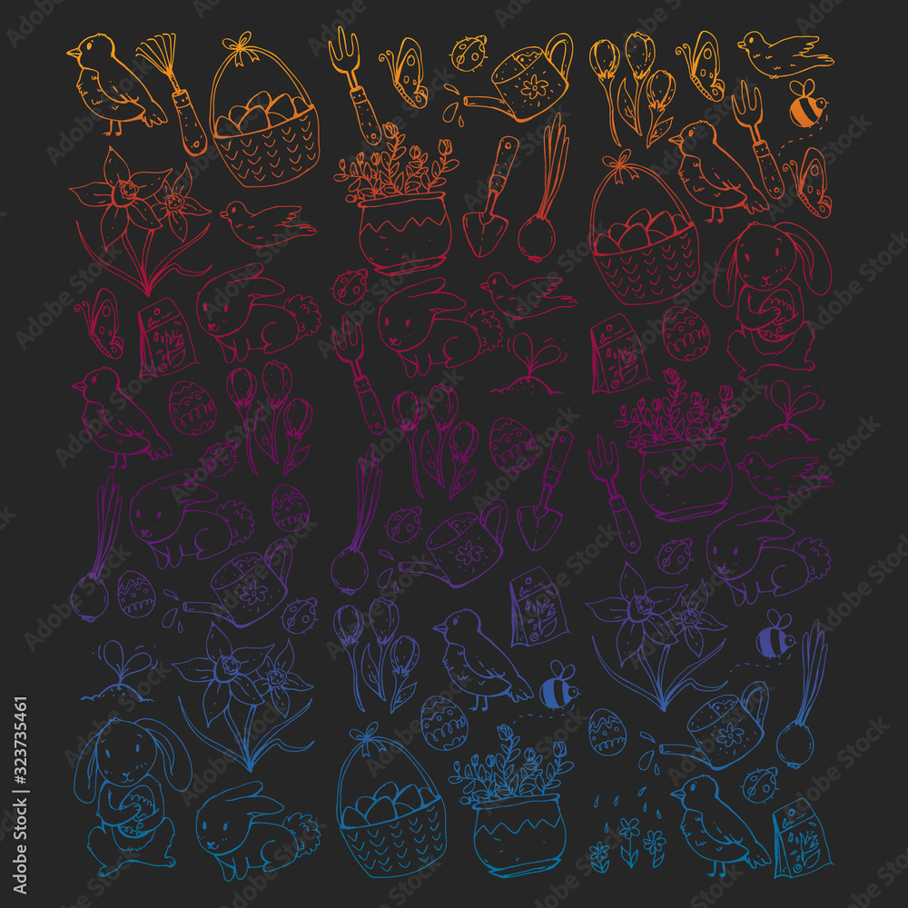 Naklejka premium Vector pattern with easter and spring elements. Eggs in basket, bunny, flowers, birds