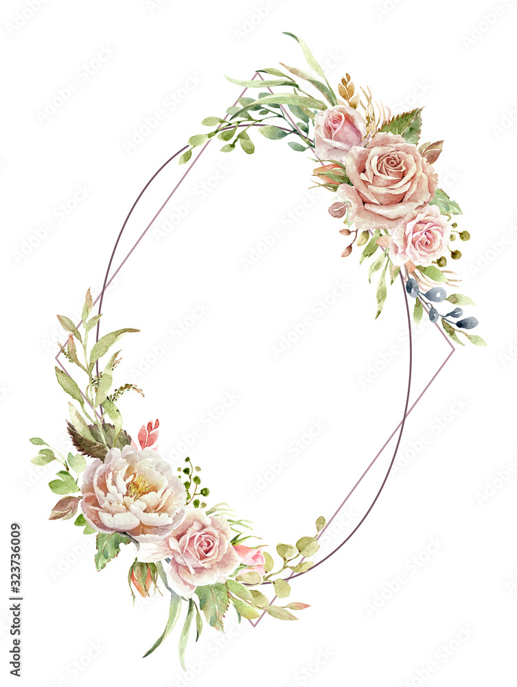 Rose paint, watercolor rose floral illustration, Leaf and buds, Botanic composition layer path, clipping path 