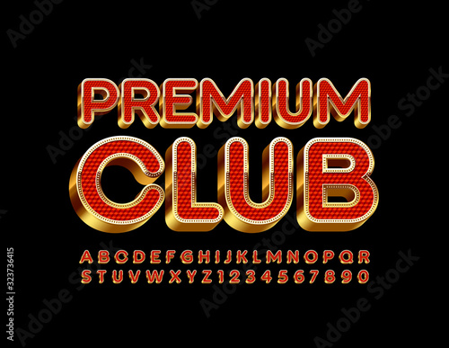 Vector chic logo Premium Club. Luxury Red and Golden Font. Stylish Alphabet Letters and Numbers. 