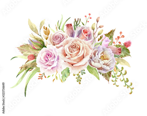 Rose paint  watercolor rose floral illustration  Leaf and buds  Botanic composition layer path  clipping path 