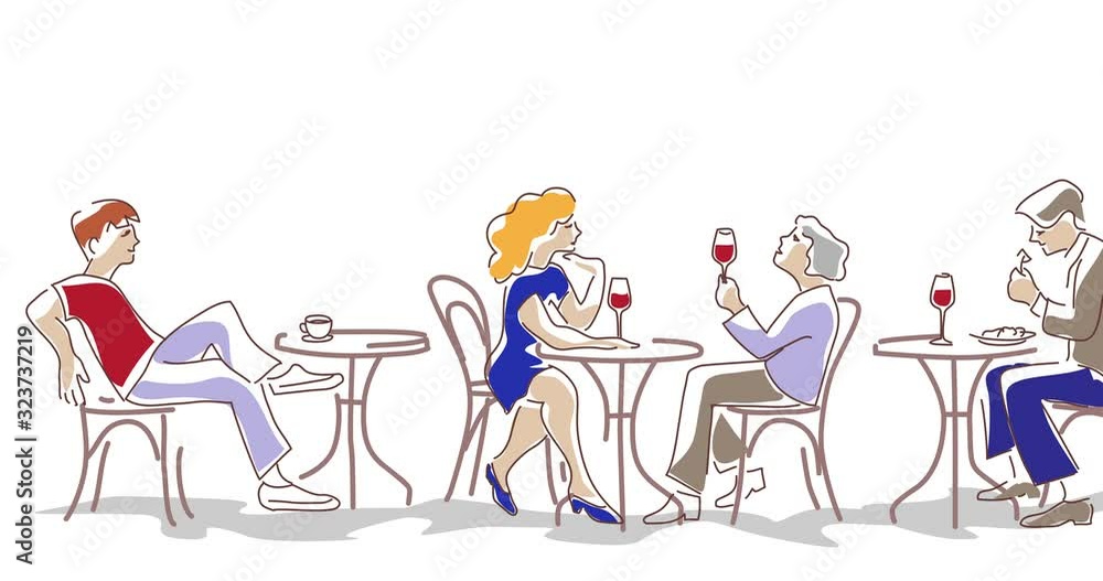 Animation of fashion people, men and women, sitting, eating and drinking wine in the cafe. Characters set. Animation of fashion people, men and women, sitting, eating and drinking wine in the cafe. Characters set.