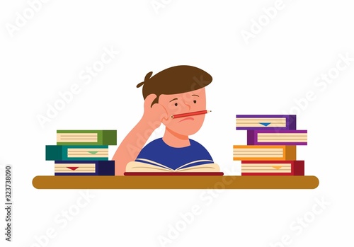 boy are bored and tired of reading book to learning, student reading and writing with stack of books cartoon flat illustration vector
