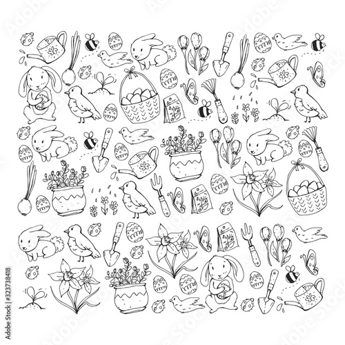 Coloring page. Vector pattern with easter and spring elements. Eggs in basket, bunny, flowers, birds