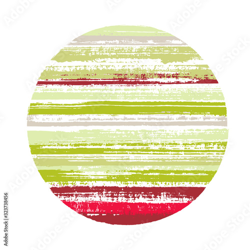 Abrupt circle vector geometric shape with striped texture of ink horizontal lines. Disc banner with old paint texture. Emblem round shape circle logo element with grunge background of stripes.