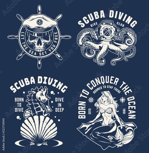 Vintage monochrome marine logotypes