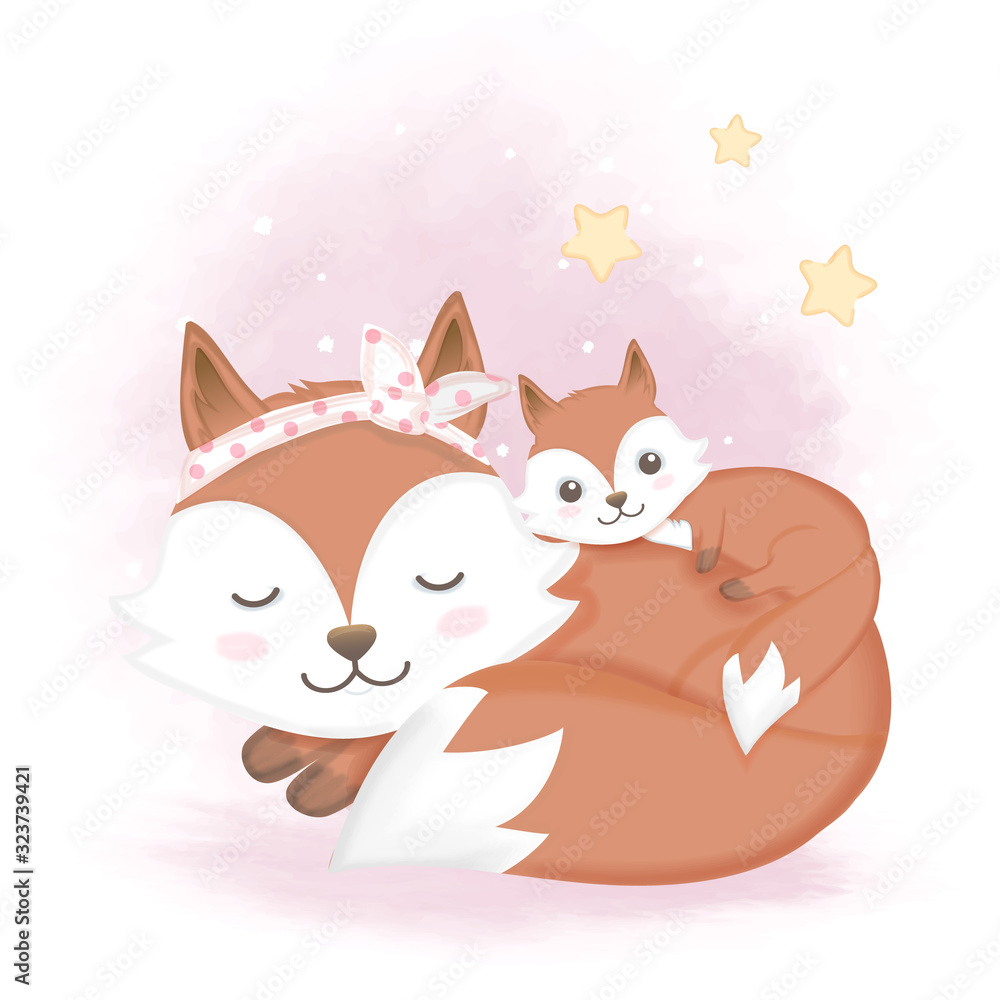 Cute baby fox and mom sleeping, hand drawn cartoon watercolor illustration