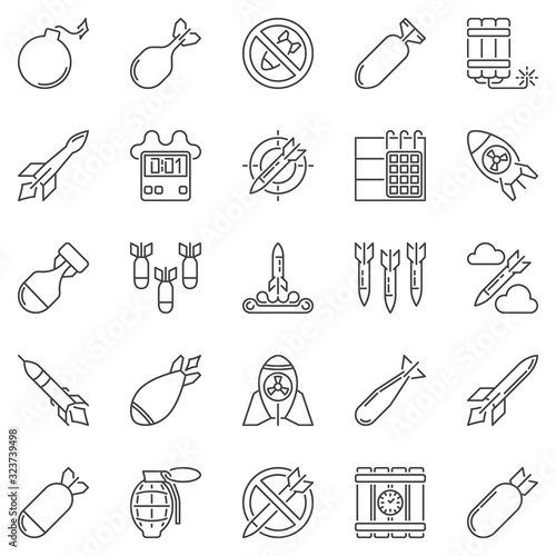 Missile and Air Bomb outline icons set - vector military concept symbols in thin line style