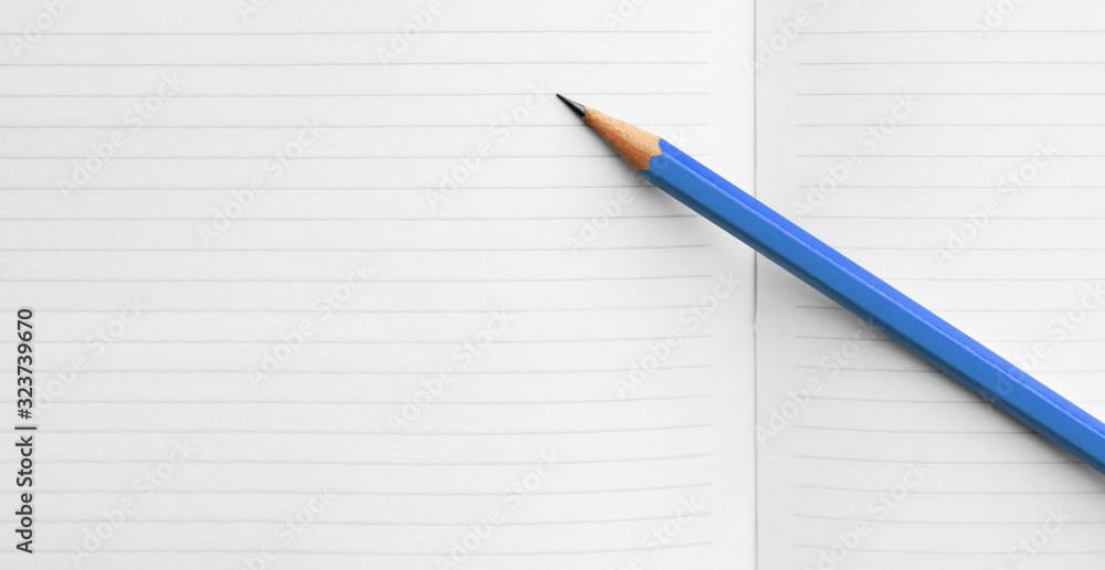a blue pencil with a black stylus on a spread of blank pages of a notebook for business a blue pencil with a black stylus on a spread of blank pages of a notebook for business
