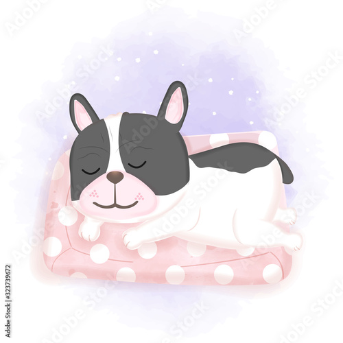 Obraz na płótnie Cute dog sleeping on mattress, hand drawn cartoon watercolor illustration
