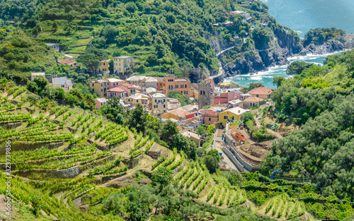 Monterosso in Cinque Terre  Italy  view at the town from mountain trail