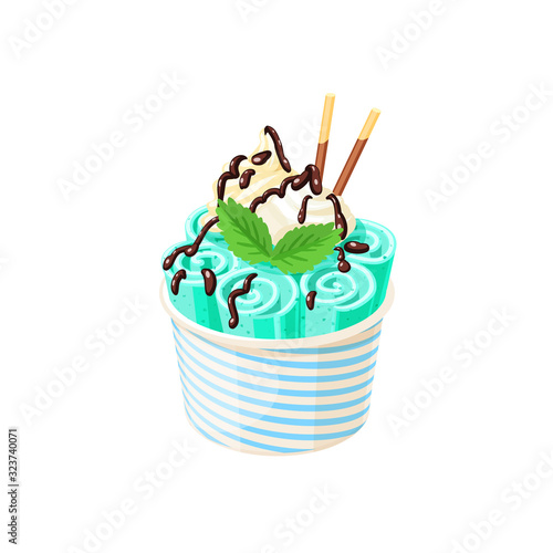 Basket of stir fried green ice cream rolls under chocolate topping and whipped cream decorated with mint leaves. Vector illustration cartoon flat icon isolated on white.