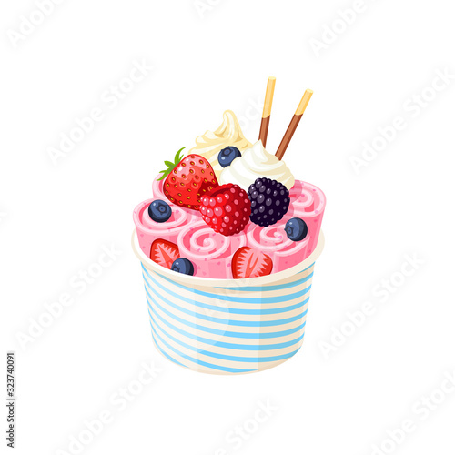 Basket of stir fried pink ice cream rolls under whipped cream decorated with berries. Vector illustration cartoon flat icon isolated on white.